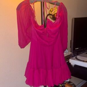NWT Giambattista Valli Fuchsia Puff-Sleeve Mini Dress with Ruffle Hem